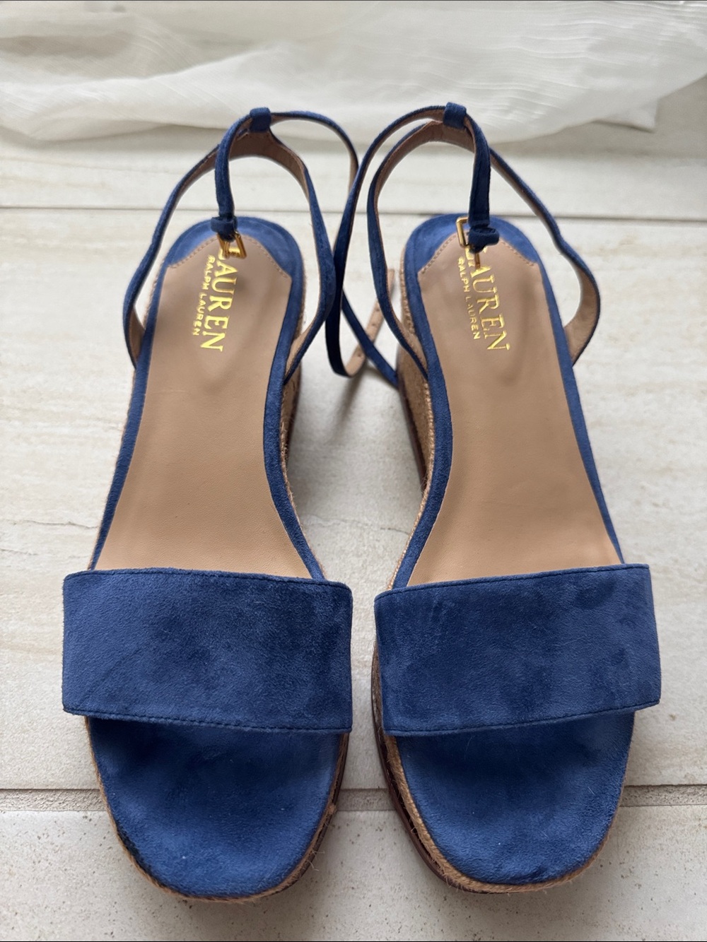 Lauren Ralph Lauren Leona Suede Espadrille Navy Suede Wedge Slingback Sandals
